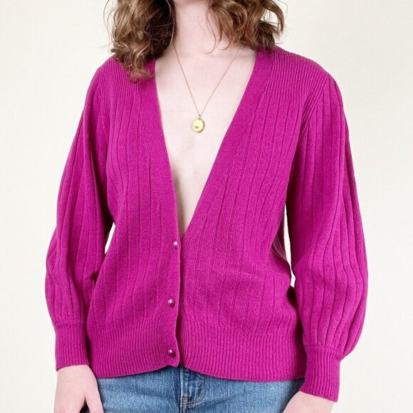 Vintage Sweaters - Vintage Lambswool & Angora Hair Ribbed Knit Cardigan Sweater Puffed Poof Sleeves